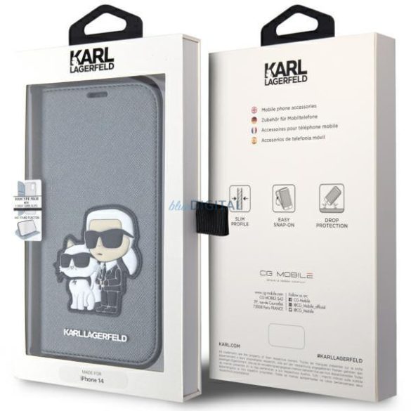 Karl Lagerfeld KLBKP14SSANKCPG iPhone 14 6.1" könyvtok ezüst Saffiano Karl & Choupette Karl és Choupette