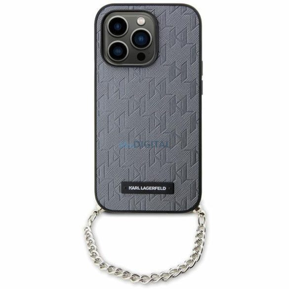 Karl Lagerfeld KLHCP14SSACKLHPG iPhone 14 6.1" ezüst keménytok Saffiano monogramos lánccal