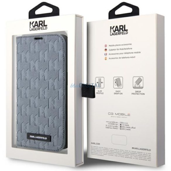 Karl Lagerfeld KLBKP14LSAKLHPG iPhone 14 Pro 6.1" könyvtok ezüst szafián monogrammal