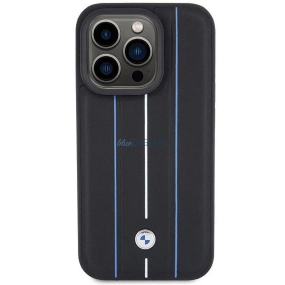 BMW Leather Stamp Blue Lines bőr tok iPhone 15 Pro Max - fekete