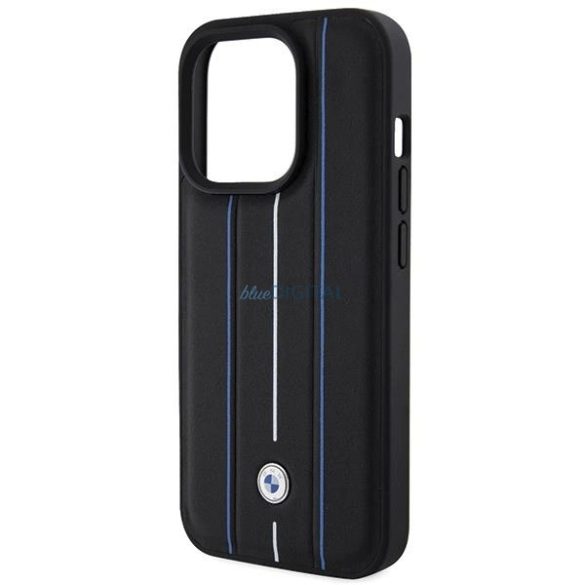 BMW Leather Stamp Blue Lines bőr tok iPhone 15 Pro Max - fekete