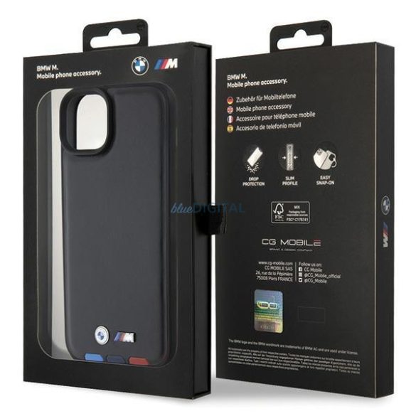 BMW BMHCP15M22PTDK iPhone 15 Plus 6.7" fekete bőr bélyegző Tricolor tok
