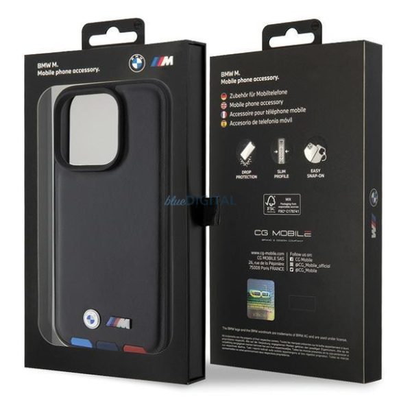 BMW BMHCP15L22PTDK iPhone 15 Pro 6.1" fekete bőr bélyegző Tricolor tok