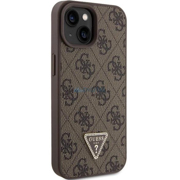 Guess GUHCP15SP4TDPW iPhone 15 6.1" barna keménytok bőr 4G háromszög Strass