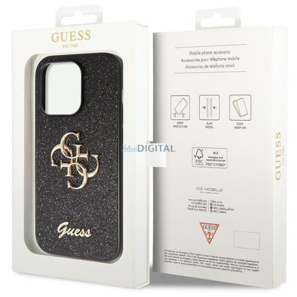 Guess GUHCP14LHG4SGK tok iPhone 14 Pro - fekete csillogó írás Big 4G