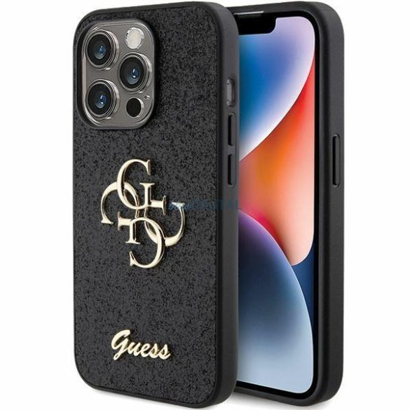 Guess Glitter Script Big 4G tok iPhone 15 Pro készülékhez - fekete