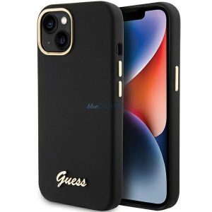 Guess Szilikon Script fém logós és FRAME tok iPhone 15 - fekete