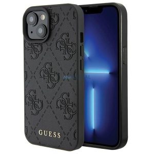 Guess bőr 4G bélyegzett tok iPhone 15 készülékhez - fekete