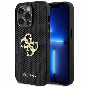 Guess GUHCP15LPSP4LGK iPhone 15 Pro 6.1" fekete keménytok bőr perforált 4G csillogó logóval