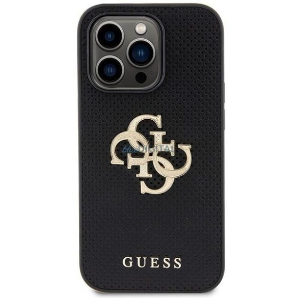 Guess GUHCP15LPSP4LGK iPhone 15 Pro 6.1" fekete keménytok bőr perforált 4G csillogó logóval