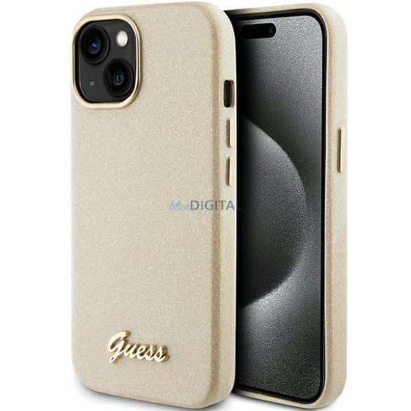 Guess GUHCP15SPGMCSD iPhone 15 6.1"világos arany keménytok Glitter Glossy Scripty