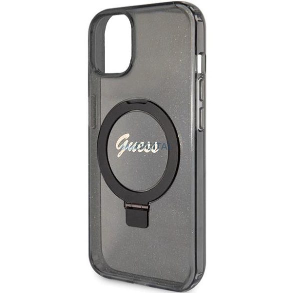 Guess Ring Stand Script Glitter MagSafe tok iPhone 15 - fekete