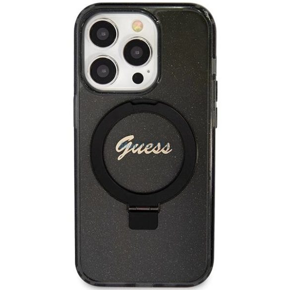 Guess Ring Stand Script Glitter MagSafe tok iPhone 15 Pro - fekete