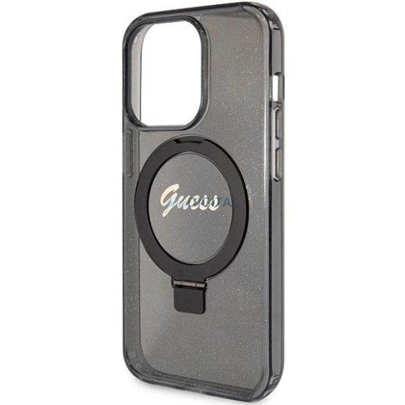 Guess Ring Stand Script Glitter MagSafe tok iPhone 15 Pro - fekete