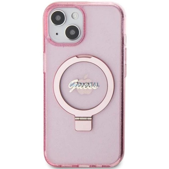 Guess Ring Stand Script Glitter MagSafe tok iPhone 15 - rózsaszín