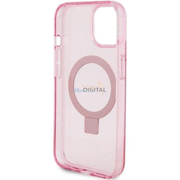 Guess Ring Stand Script Glitter MagSafe tok iPhone 15 - rózsaszín