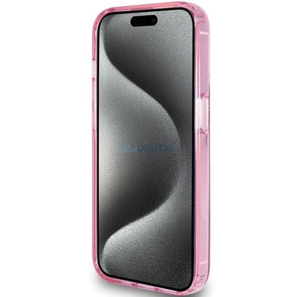 Guess Ring Stand Script Glitter MagSafe tok iPhone 15 Pro - rózsaszín