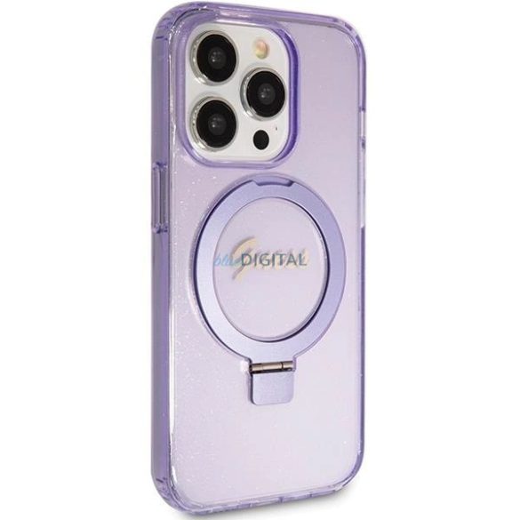 Guess Ring Stand Script Glitter MagSafe tok iPhone 15 Pro - lila