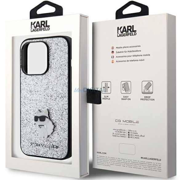 Karl Lagerfeld KLHCP15LGCNPSG iPhone 15 Pro 6.1" ezüst/ezüst keménytok Fix Glitter Choupette logó fém kitűző