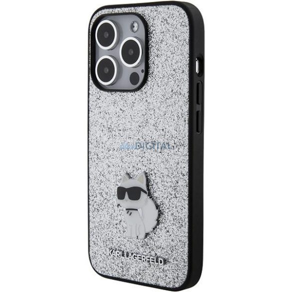 Karl Lagerfeld KLHCP15XGCNPSG iPhone 15 Pro Max 6.7" ezüst keménytok Fix Glitter Choupette Logo fém kitűző