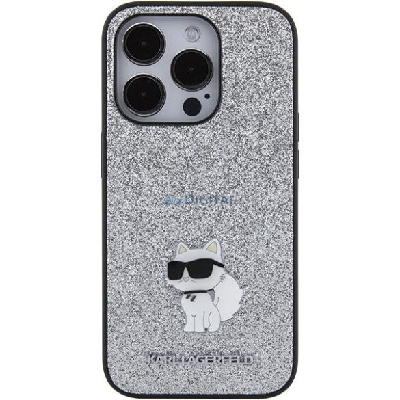 Karl Lagerfeld KLHCP15XGCNPSG iPhone 15 Pro Max 6.7" ezüst keménytok Fix Glitter Choupette Logo fém kitűző