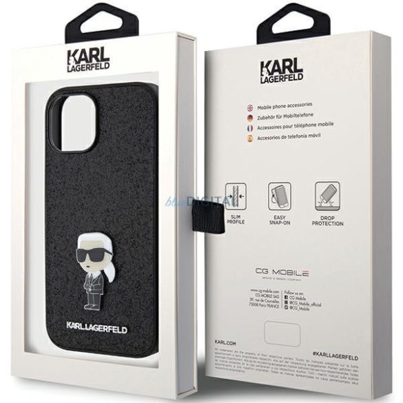 Karl Lagerfeld KLHCP15SGKNPSK iPhone 15 6.1" fekete keménytok fix csillogó ikonikus fém logó fém kitűzővel
