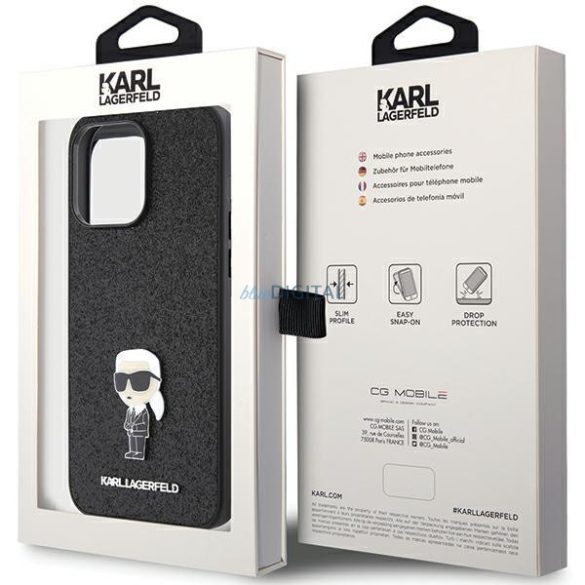 Karl Lagerfeld KLHCP15XGKNPSK iPhone 15 Pro Max 6.7" fekete keménytok Fix Glitter ikonikus fém logó fém kitűzővel