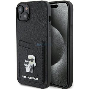 Karl Lagerfeld KLHCP15SSAPKCNPK iPhone 15 6.1" fekete keménytok Saffiano kártyatartóval Karl&Choupette fém kitűző