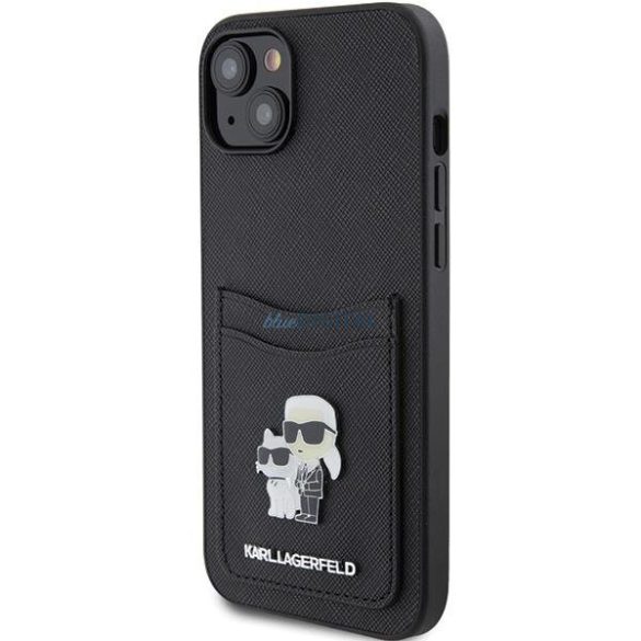 Karl Lagerfeld KLHCP15SSAPKCNPK iPhone 15 6.1" fekete keménytok Saffiano kártyatartóval Karl&Choupette fém kitűző