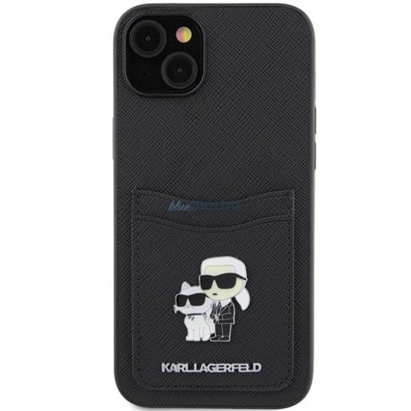 Karl Lagerfeld KLHCP15SSAPKCNPK iPhone 15 6.1" fekete keménytok Saffiano kártyatartóval Karl&Choupette fém kitűző