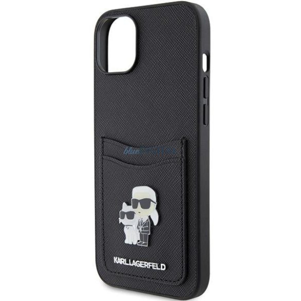 Karl Lagerfeld KLHCP15SSAPKCNPK iPhone 15 6.1" fekete keménytok Saffiano kártyatartóval Karl&Choupette fém kitűző