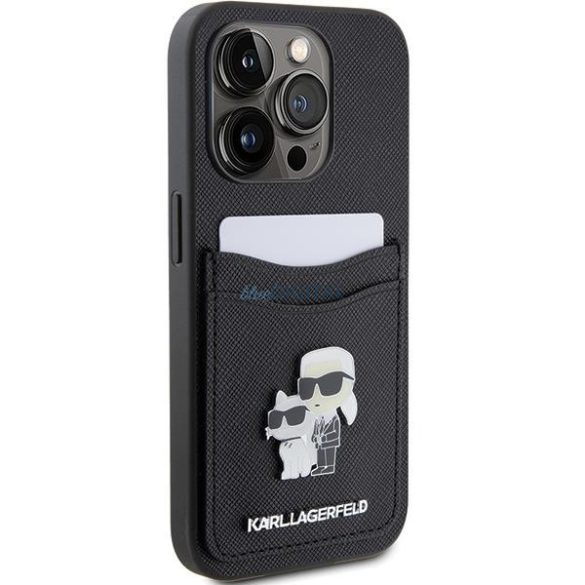 Karl Lagerfeld KLHCP15LSAPKCNPK iPhone 15 Pro 6.1" fekete keménytok Saffiano kártyatartóval Karl&Choupette fém kitűző