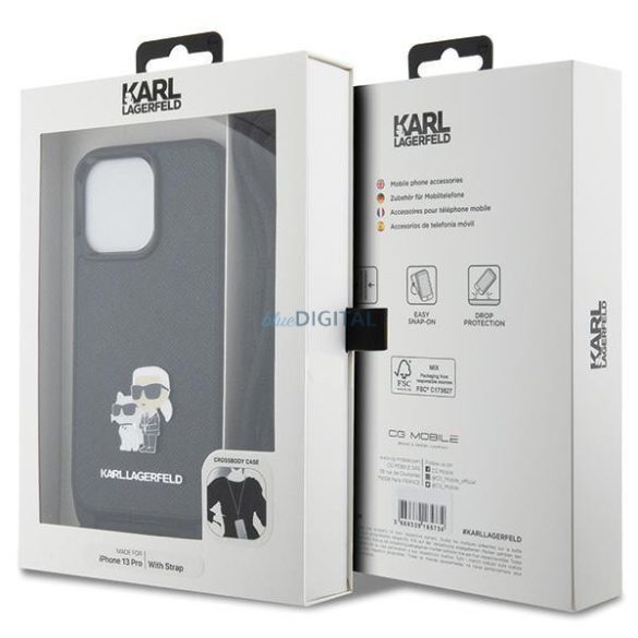 Karl Lagerfeld KLHCP13LSAKCPSK tok iPhone 13 Pro / 13 keménytok - fekete Crossbody Saffiano fém tű Karl&Choupette