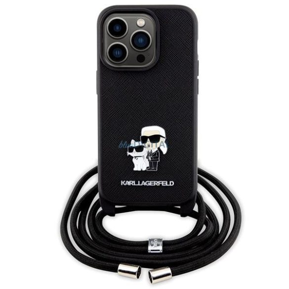 Karl Lagerfeld KLHCP14LSAKCPSK tok iPhone 14 Pro keménytok - fekete Crossbody Saffiano Metal Pin Karl&Choupette