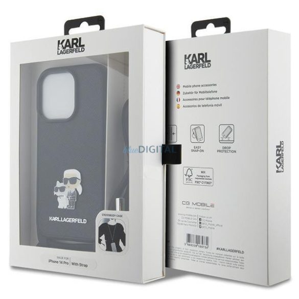 Karl Lagerfeld KLHCP14LSAKCPSK tok iPhone 14 Pro keménytok - fekete Crossbody Saffiano Metal Pin Karl&Choupette