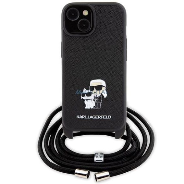 Karl Lagerfeld Crossbody Saffiano fémtű Karl & Choupette tok iPhone 15 Plus készülékhez - fekete