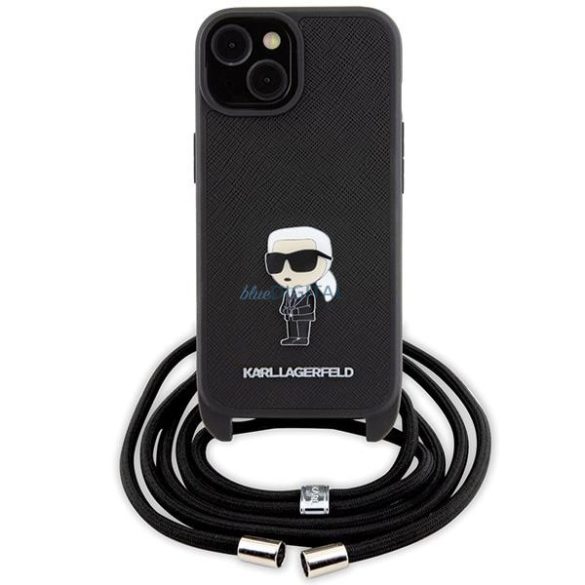 Karl Lagerfeld Crossbody Saffiano Monogram fémtű Karl & Choupette tok iPhone 15 készülékhez - fekete