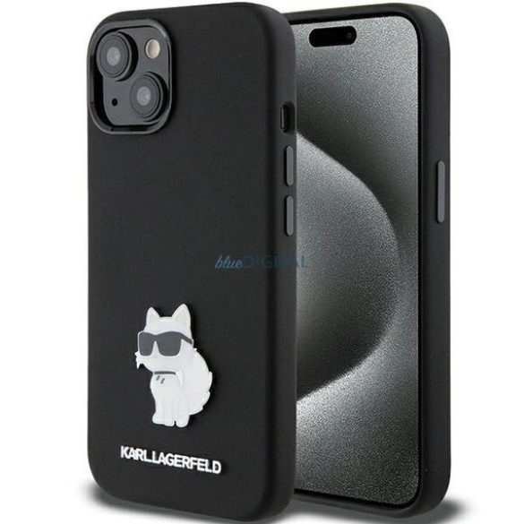 Karl Lagerfeld szilikon Choupette fém tűs tok iPhone 15 - fekete