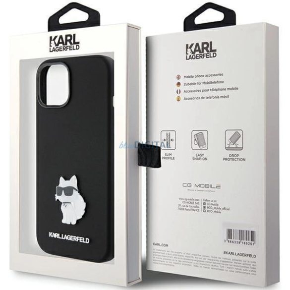 Karl Lagerfeld szilikon Choupette fém tűs tok iPhone 15 Plus / 14 Plus - fekete