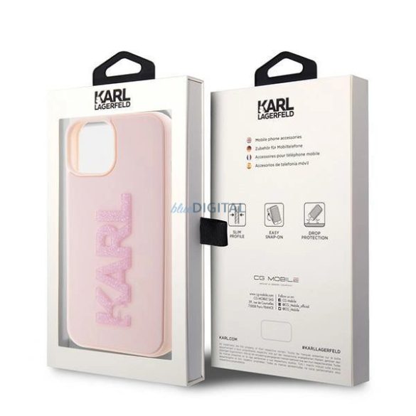 Karl Lagerfeld 3D gumiból készült csillogó logós tok iPhone 15 Plus készülékhez - rózsaszín