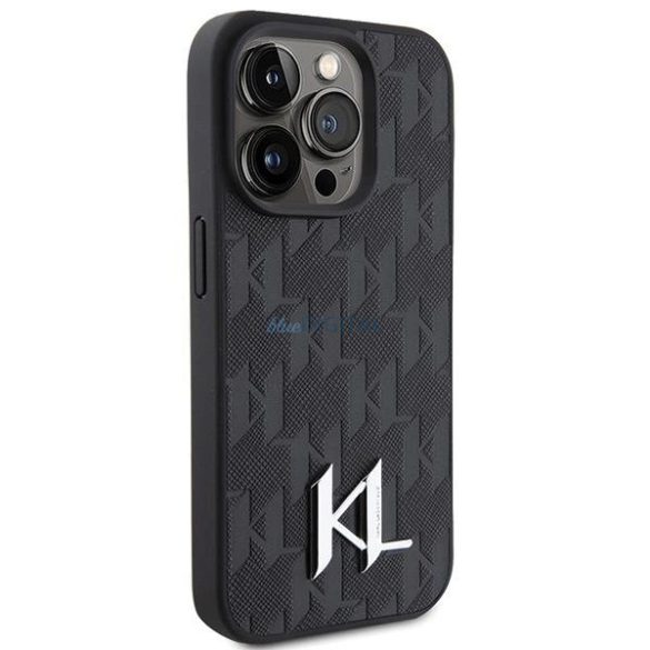 Karl Lagerfeld bőr monogramos, forró bélyegzős fém logós tok iPhone 15 Pro készülékhez - fekete