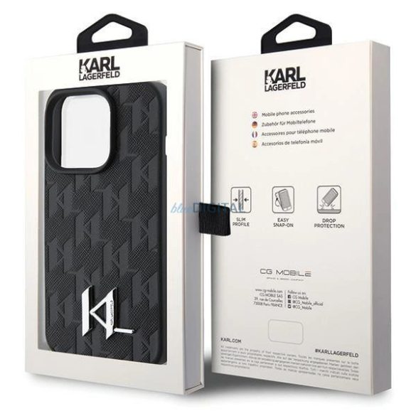 Karl Lagerfeld bőr monogramos, forró bélyegzős fém logós tok iPhone 15 Pro készülékhez - fekete