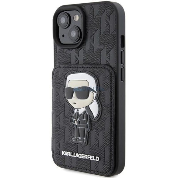 Karl Lagerfeld KLHCP15SSAKKNSCK iPhone 15 6.1" fekete keménytok Saffiano kártyatartóvalek és állvány Monogram ikonikus Patch