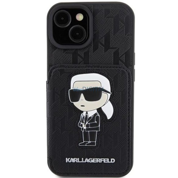 Karl Lagerfeld KLHCP15SSAKKNSCK iPhone 15 6.1" fekete keménytok Saffiano kártyatartóvalek és állvány Monogram ikonikus Patch