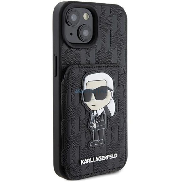 Karl Lagerfeld KLHCP15SSAKKNSCK iPhone 15 6.1" fekete keménytok Saffiano kártyatartóvalek és állvány Monogram ikonikus Patch