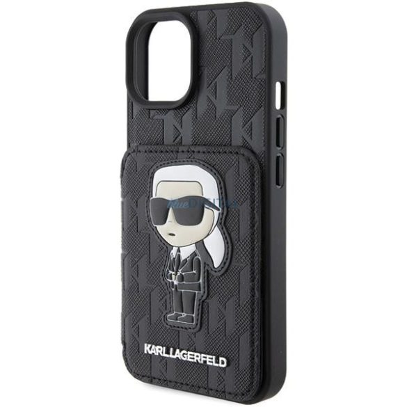 Karl Lagerfeld KLHCP15SSAKKNSCK iPhone 15 6.1" fekete keménytok Saffiano kártyatartóvalek és állvány Monogram ikonikus Patch