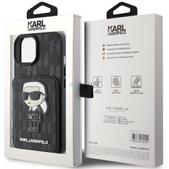 Karl Lagerfeld KLHCP15SSAKKNSCK iPhone 15 6.1" fekete keménytok Saffiano kártyatartóvalek és állvány Monogram ikonikus Patch