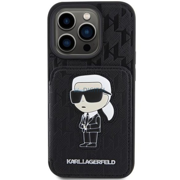 Karl Lagerfeld KLHCP15LSAKKNSCK iPhone 15 Pro 6.1" fekete keménytok Saffiano kártyatartóval és állvány monogram ikonikus Patch