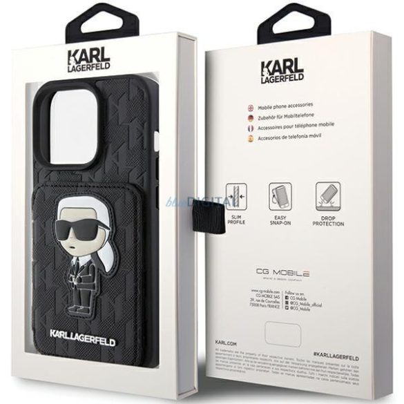 Karl Lagerfeld KLHCP15LSAKKNSCK iPhone 15 Pro 6.1" fekete keménytok Saffiano kártyatartóval és állvány monogram ikonikus Patch