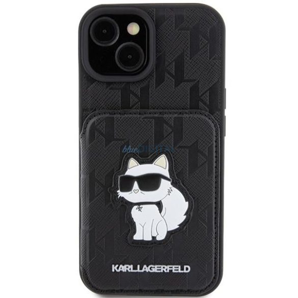 Karl Lagerfeld KLHCP15SSAKCNSCK iPhone 15 6.1" fekete keménytok Saffiano kártyatartóvalek és állvány Monogram Choupette